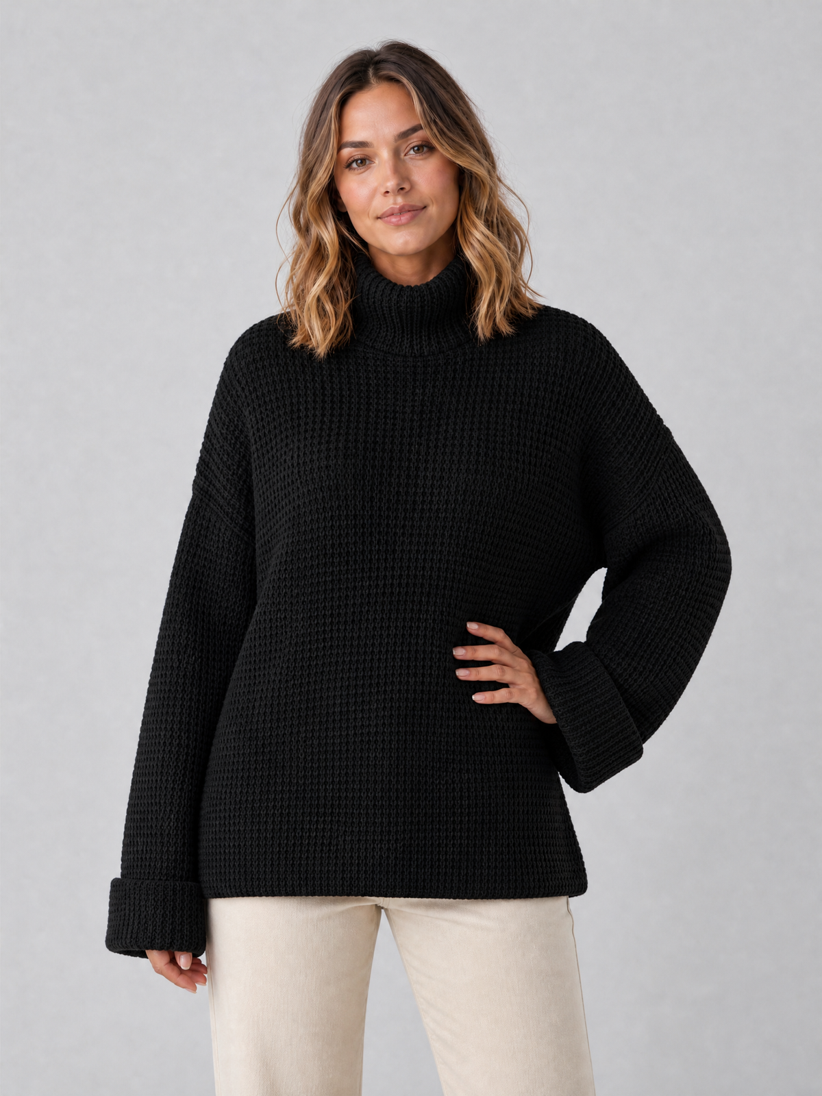 Women's Textured Wool Blend Relaxed Roll Neck Jumper