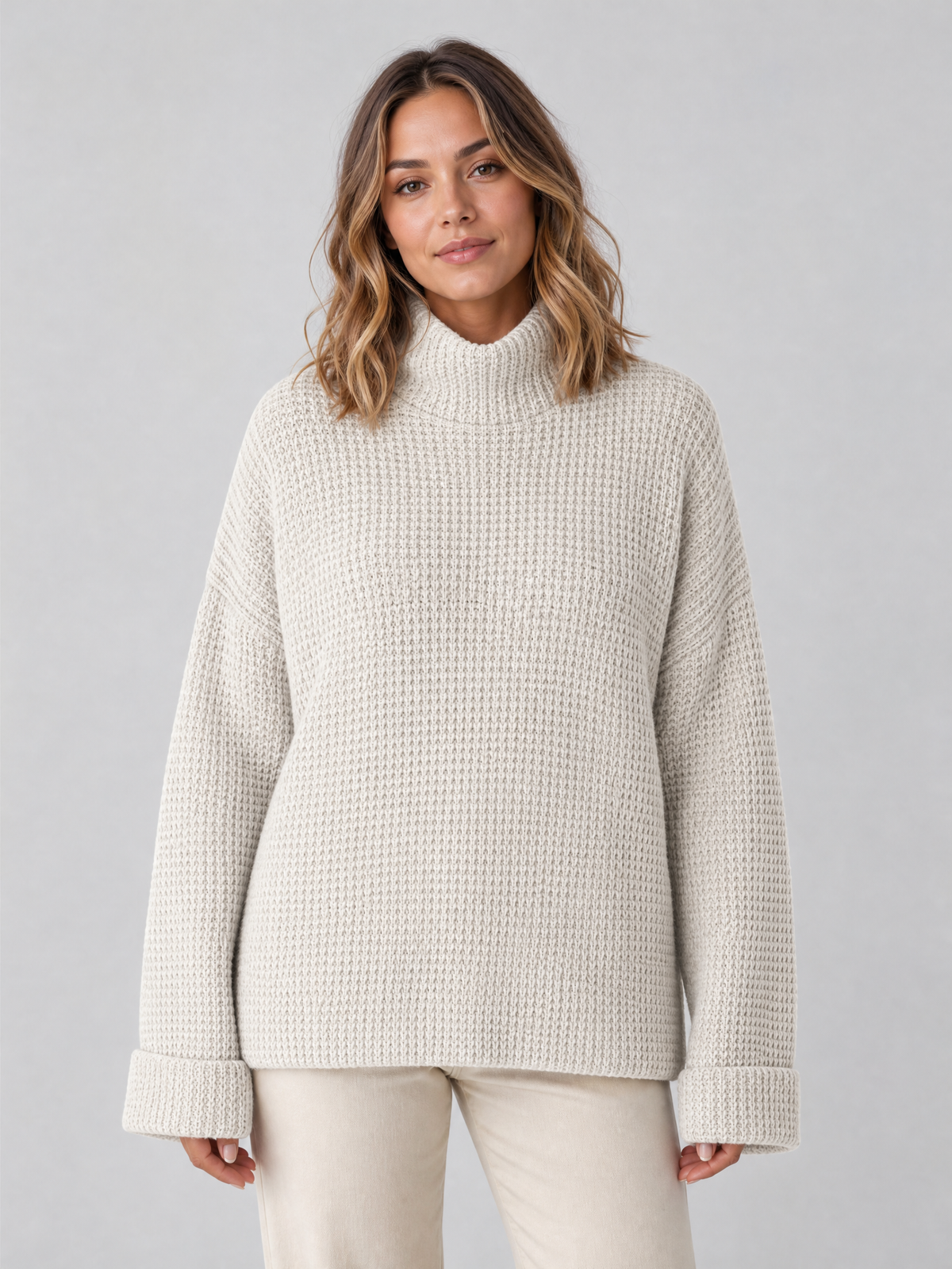 Women's Textured Wool Blend Relaxed Roll Neck Jumper