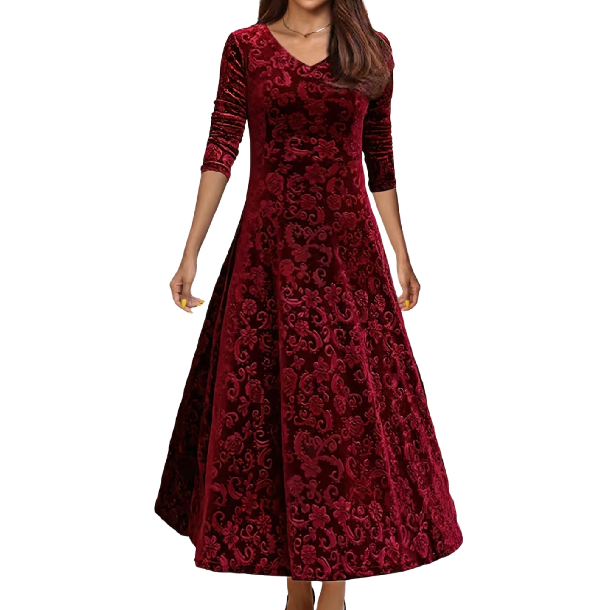 Women’s V-Neck Floral Velvet Maxi Dress