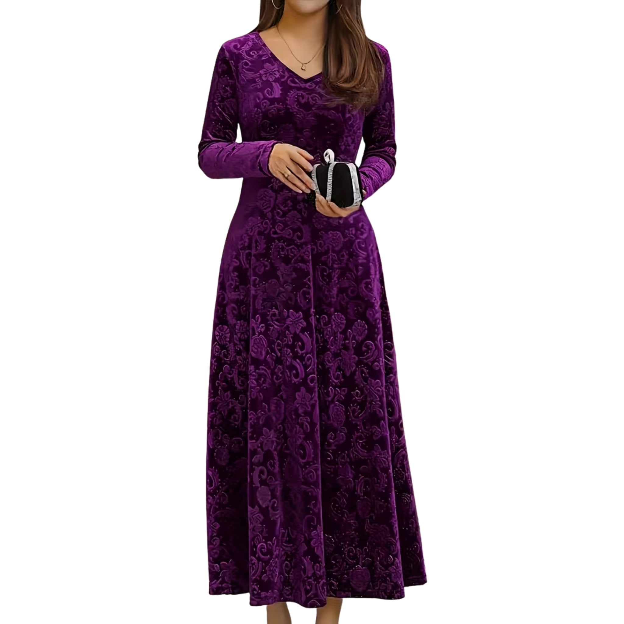 Women’s V-Neck Floral Velvet Maxi Dress