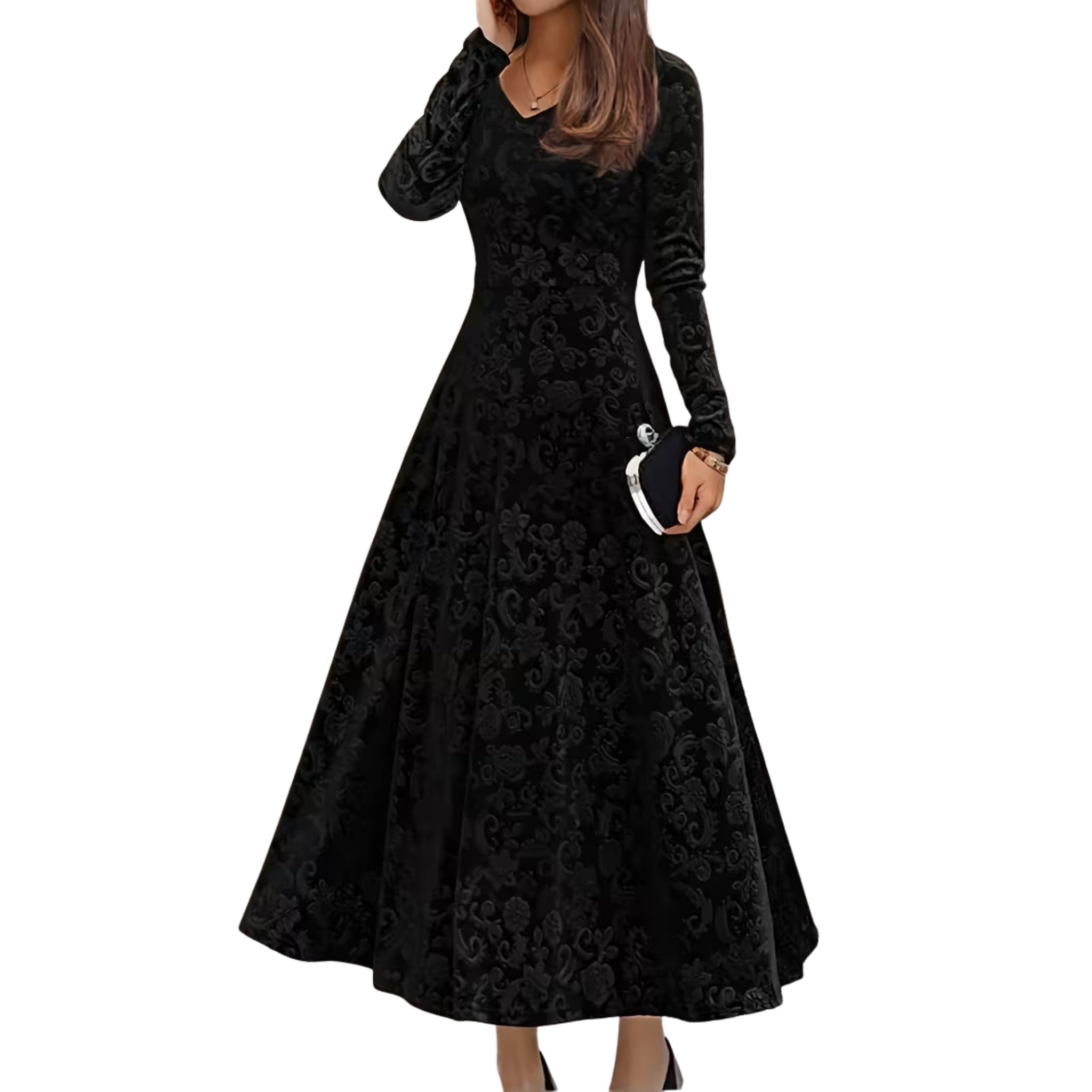 Women’s V-Neck Floral Velvet Maxi Dress