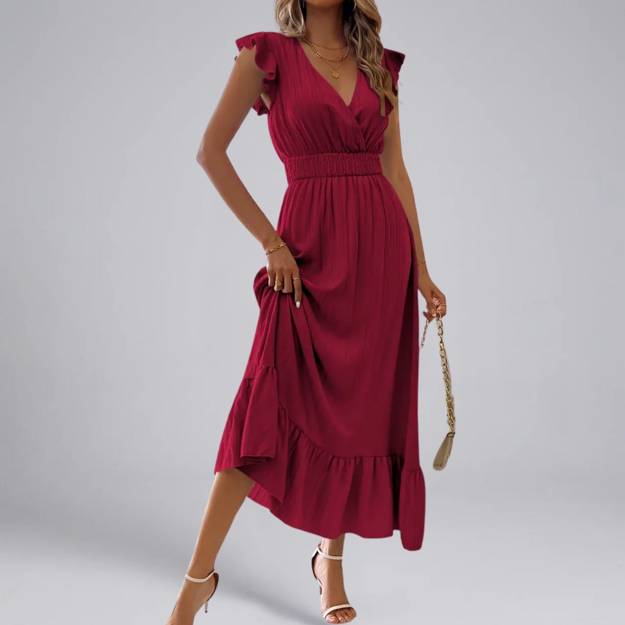 Women’s V-Neck Flutter-Sleeve Smocked Maxi Dress