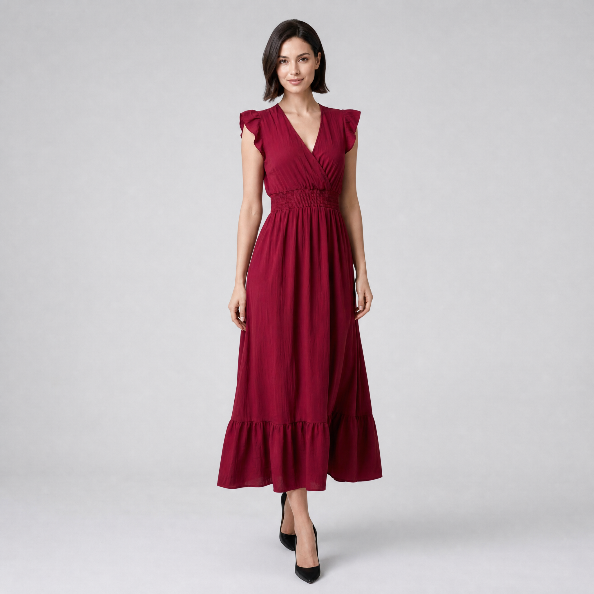 Women’s V-Neck Flutter-Sleeve Smocked Maxi Dress