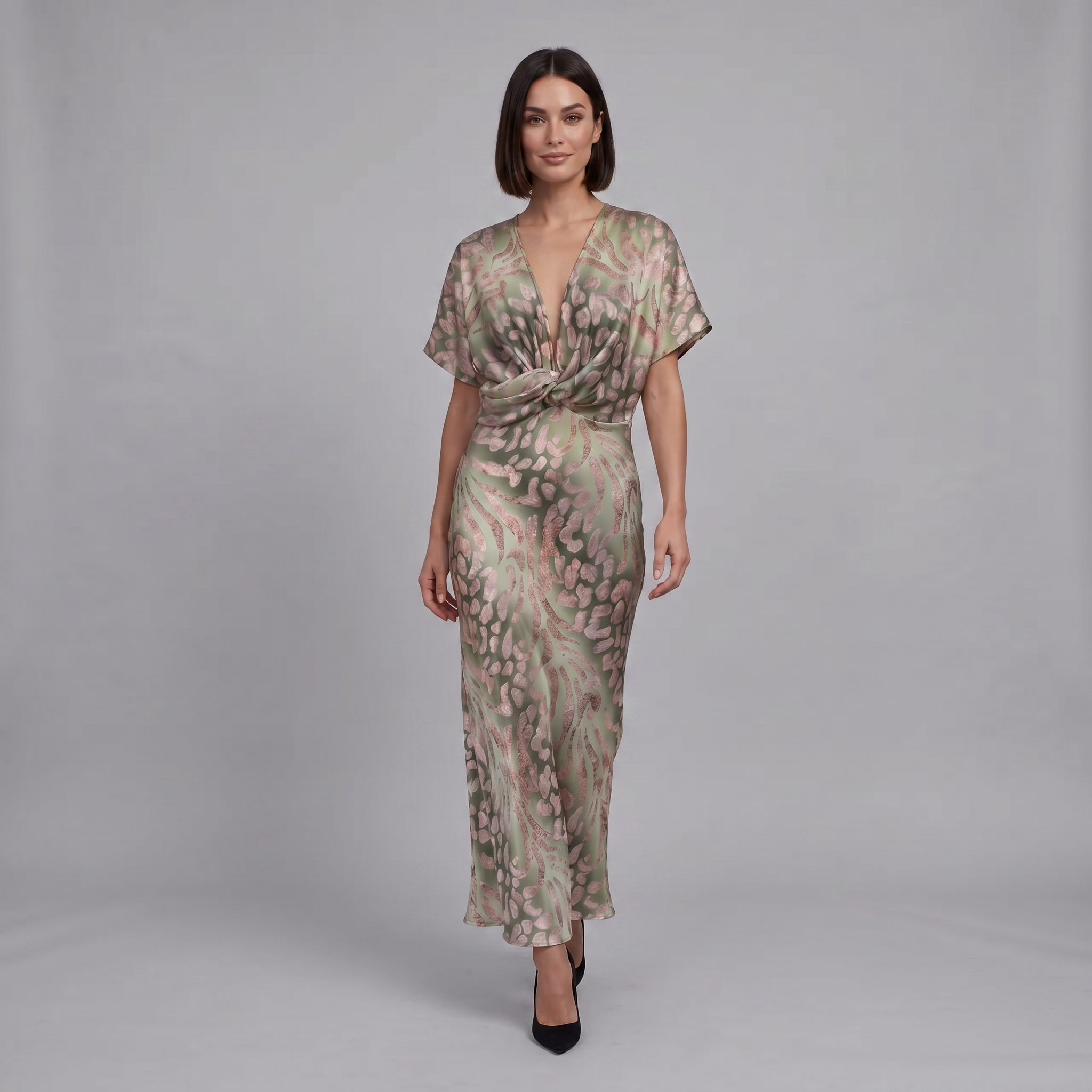 Women’s V-Neck Maxi Dress with Knot Detail and Abstract Print