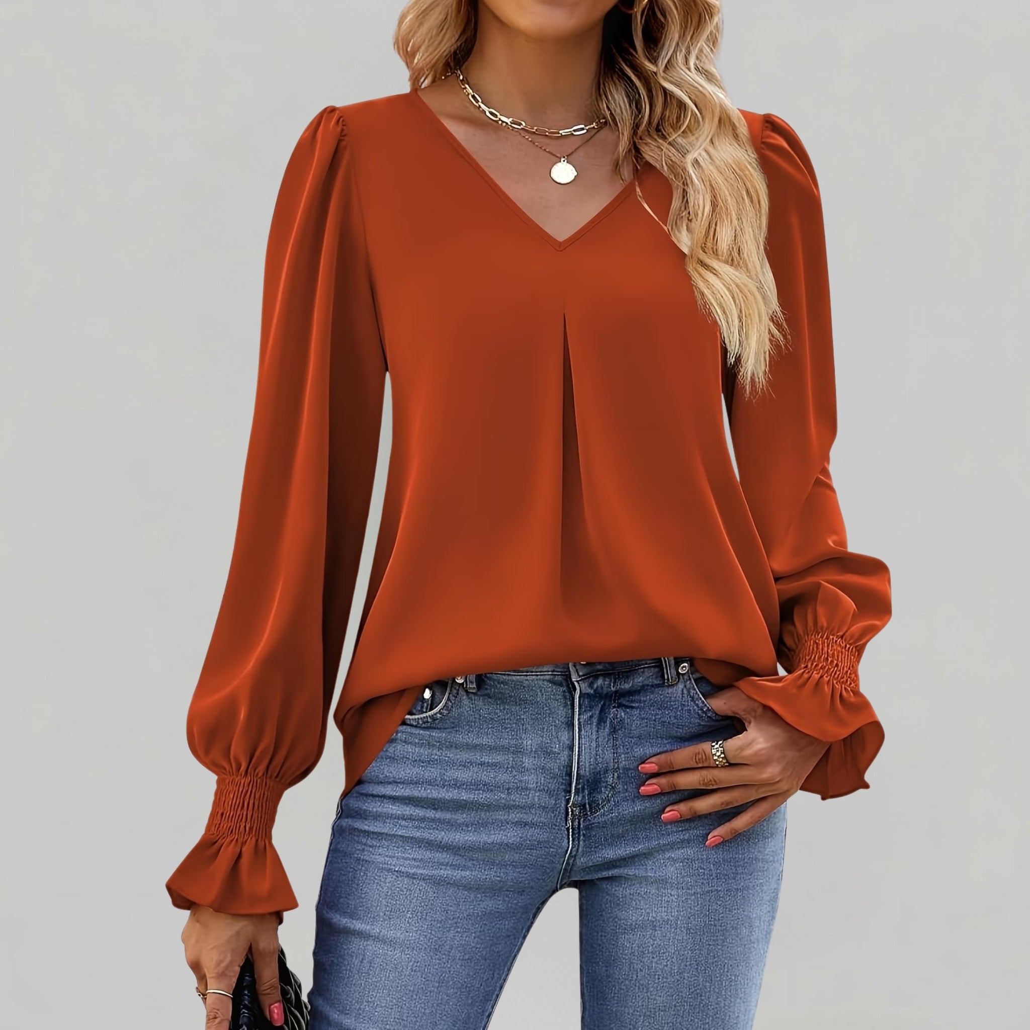 Women’s V-Neck Ruffled Smocked Cuffs Shirt