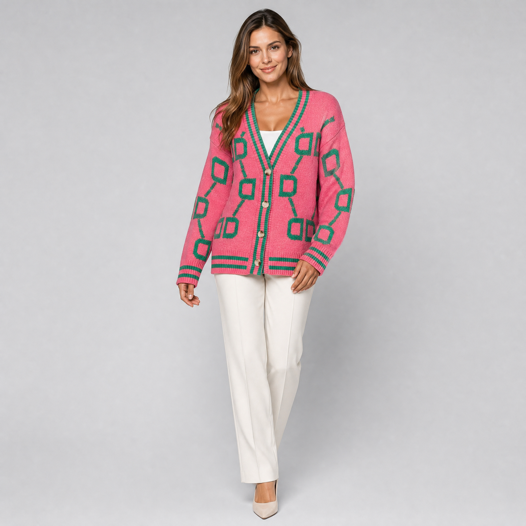 Women’s V-Neck Textured Geometric Cardigan
