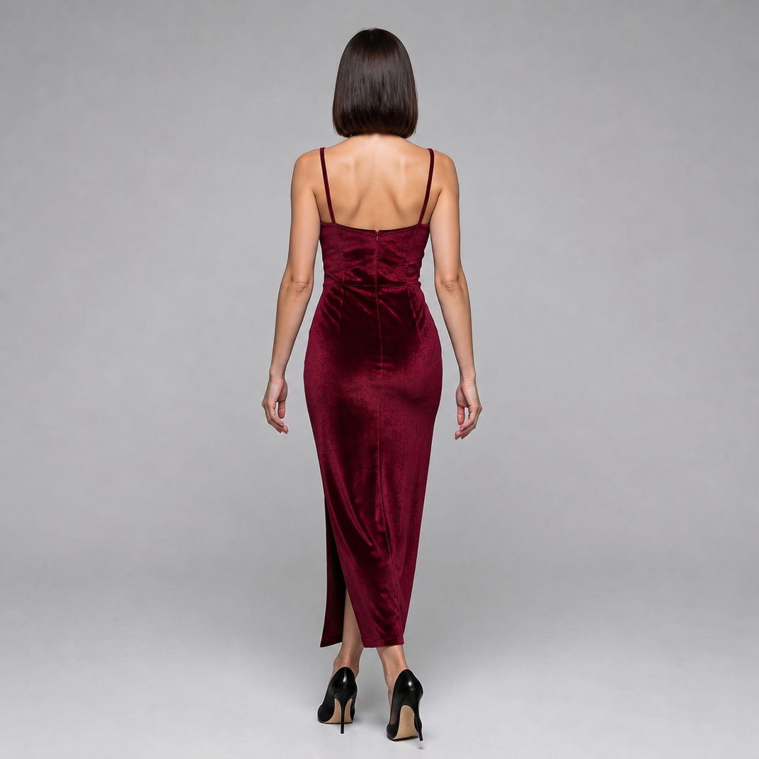 Women’s Velvet Cowl-Neck Maxi Dress with High Slit