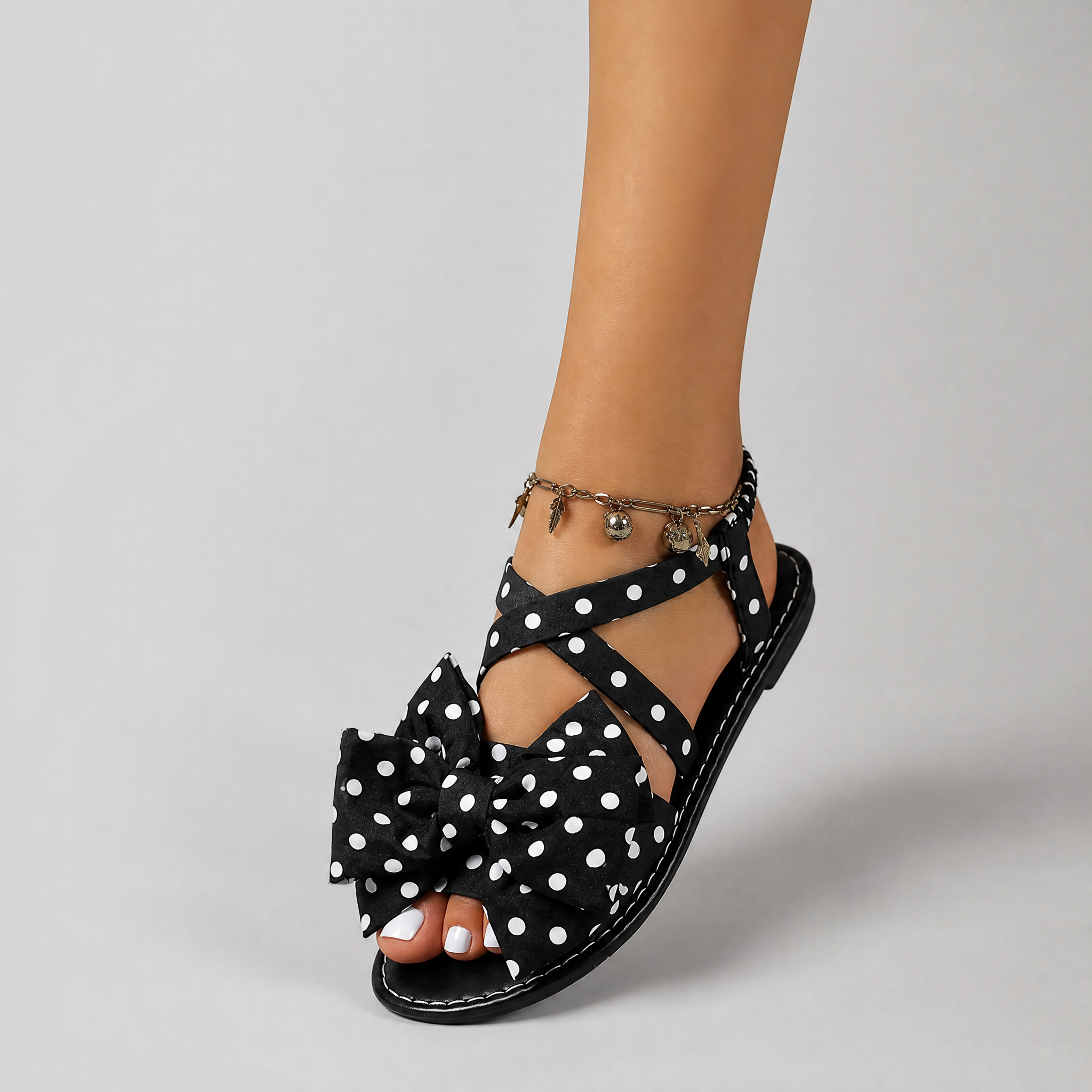 Women's White Polka Dot Sandals – Strappy Bow Summer Shoes
