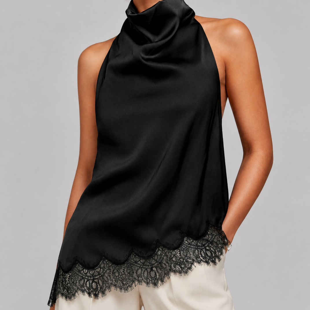 Women's White Satin Halter Neck Top – Elegant Lace Blouse