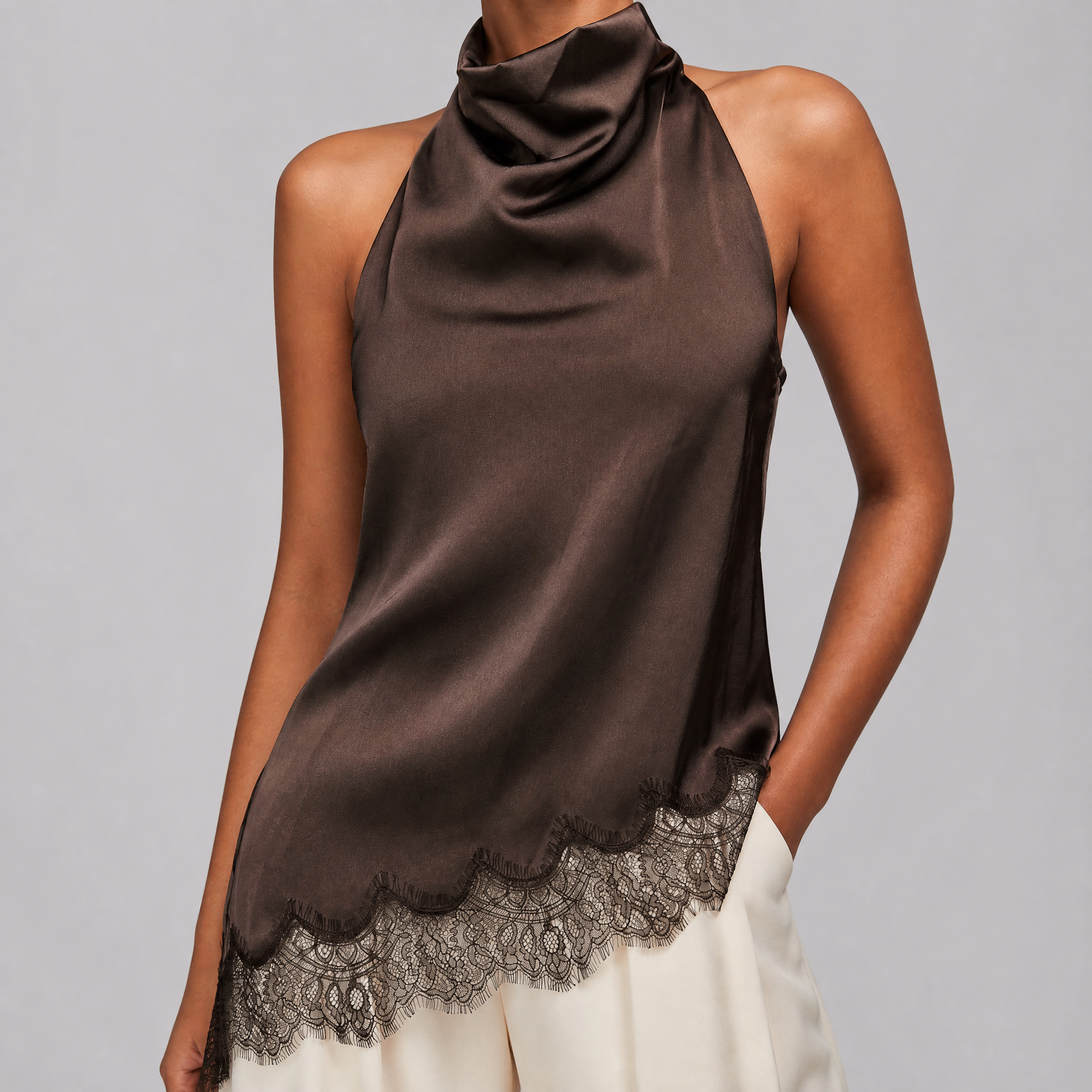 Women's White Satin Halter Neck Top – Elegant Lace Blouse