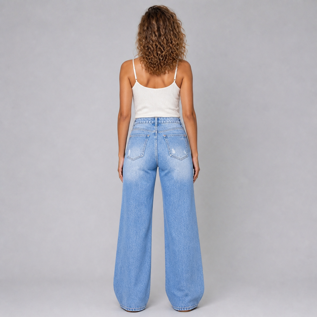 Women’s Wide-Leg Distressed Jeans with Frayed Cut-Outs