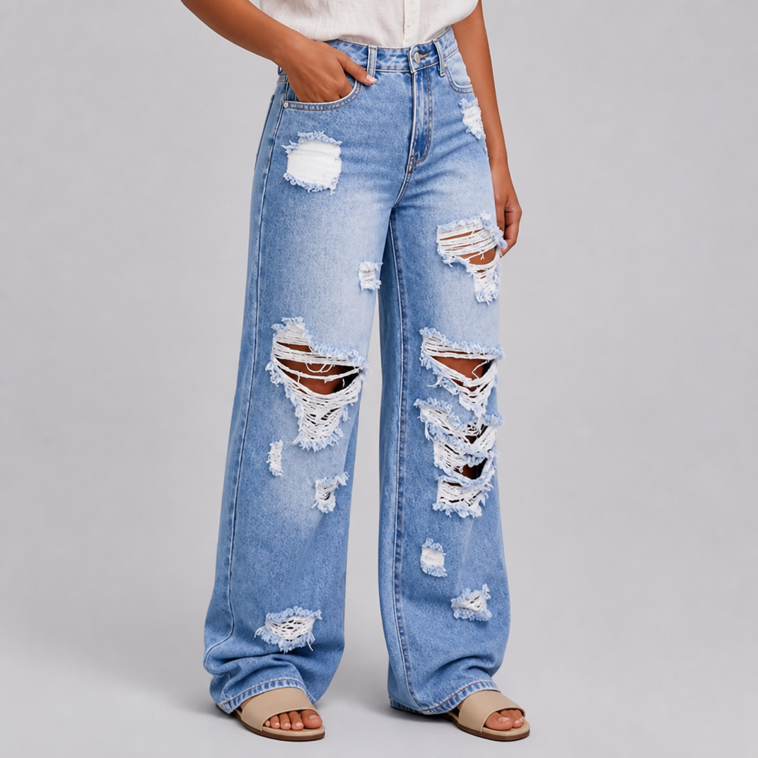 Women’s Wide-Leg Distressed Jeans with Frayed Cut-Outs