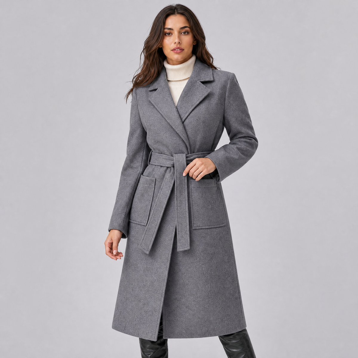 Women's Wool Belted Long Wrap Coat Tailored Fit