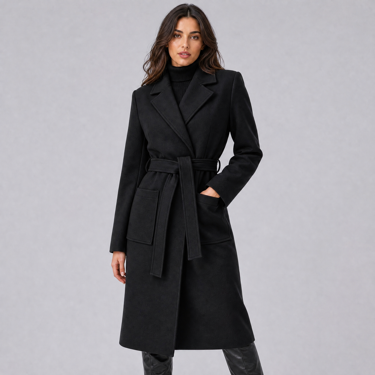 Women's Wool Belted Long Wrap Coat Tailored Fit