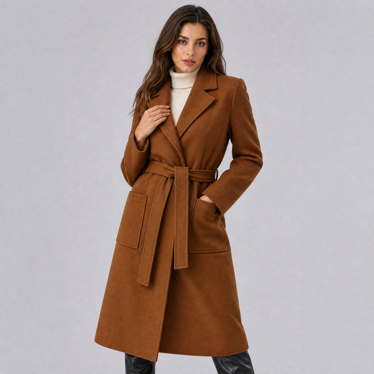 Women's Wool Belted Long Wrap Coat Tailored Fit