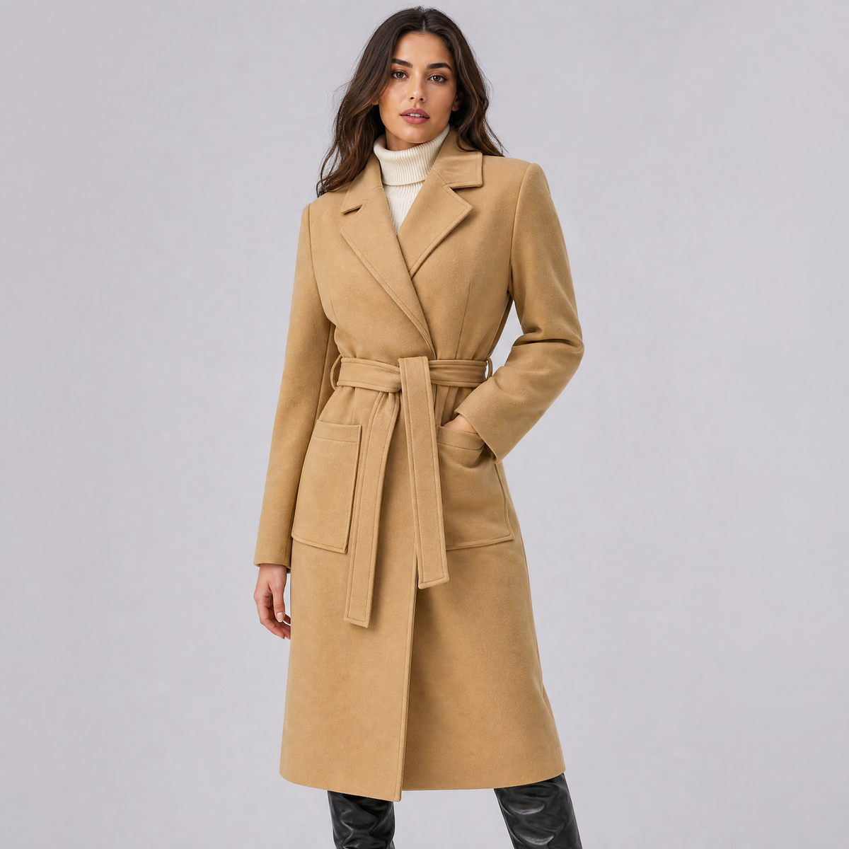 Women's Wool Belted Long Wrap Coat Tailored Fit