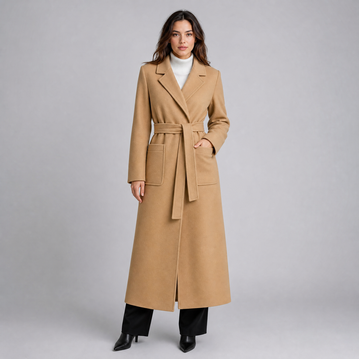 Women's Wool Belted Long Wrap Coat Tailored Fit
