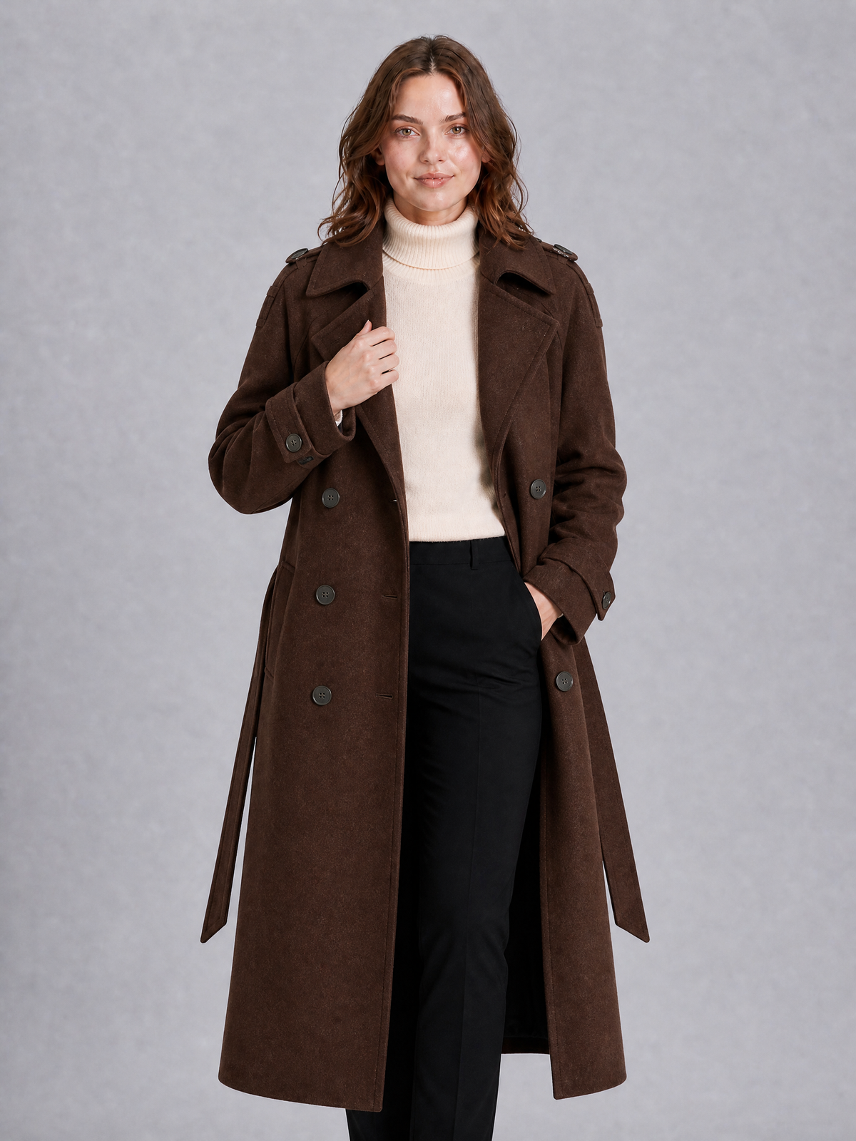 Women's Wool Blend Belted Double Breasted Trench Coat Tailored Fit