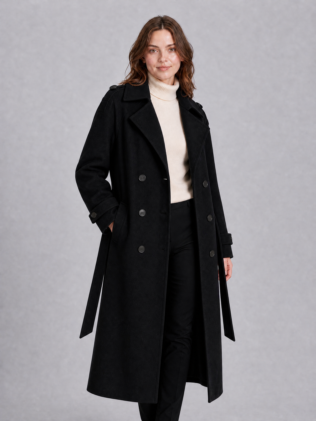 Women's Wool Blend Belted Double Breasted Trench Coat Tailored Fit