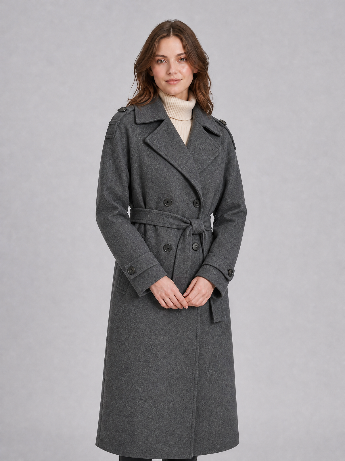 Women's Wool Blend Belted Double Breasted Trench Coat Tailored Fit