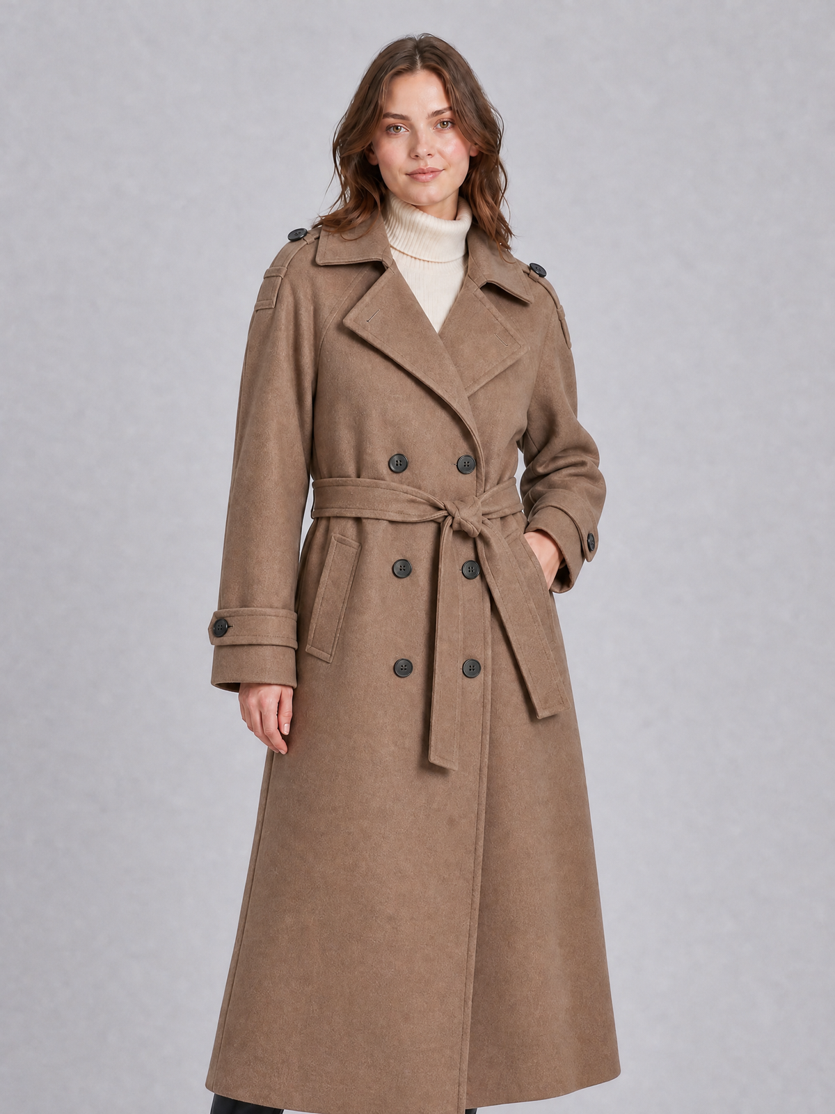 Women's Wool Blend Belted Double Breasted Trench Coat Tailored Fit