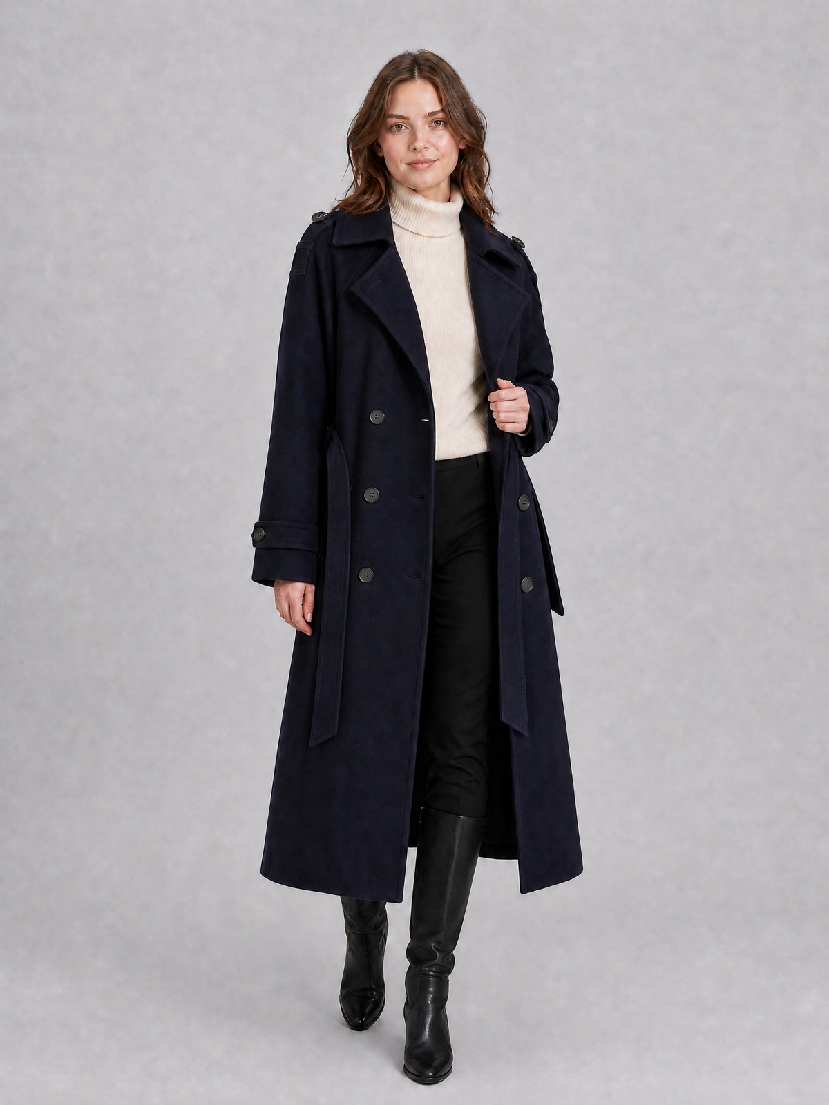 Women's Wool Blend Belted Double Breasted Trench Coat Tailored Fit