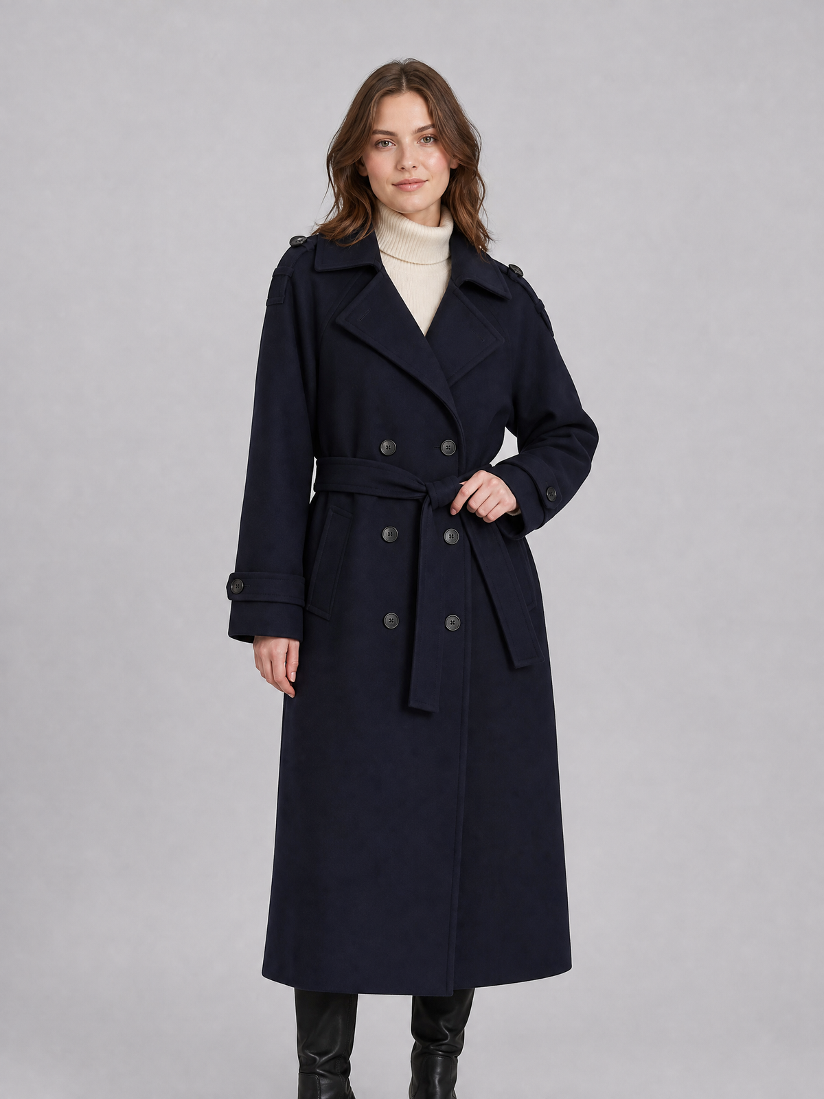 Women's Wool Blend Belted Double Breasted Trench Coat Tailored Fit