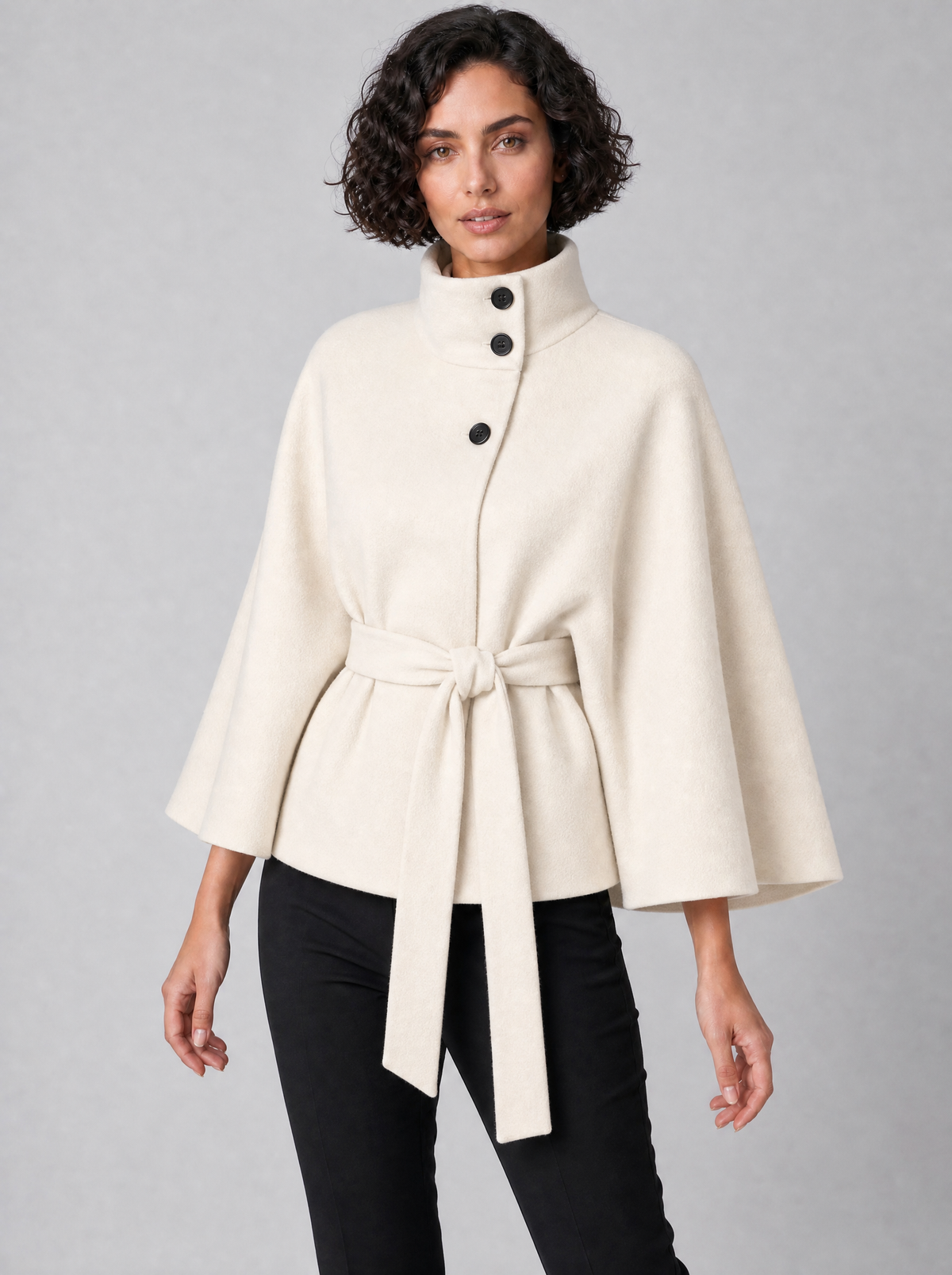 Women's Wool Blend Black Funnel Neck Belted Cape Coat Relaxed Fit