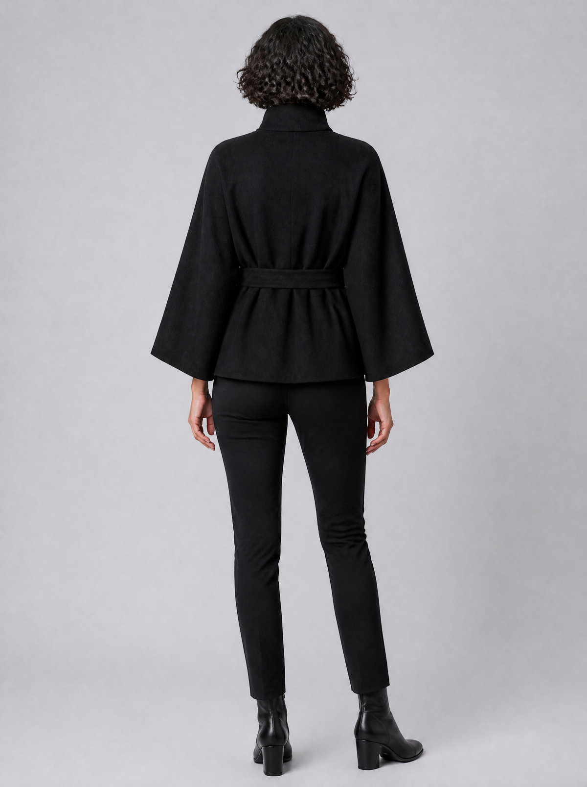 Women's Wool Blend Black Funnel Neck Belted Cape Coat Relaxed Fit