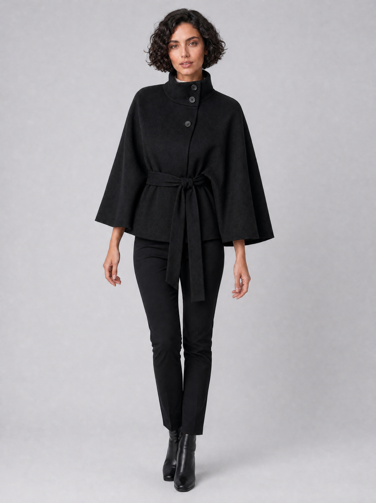 Women's Wool Blend Black Funnel Neck Belted Cape Coat Relaxed Fit