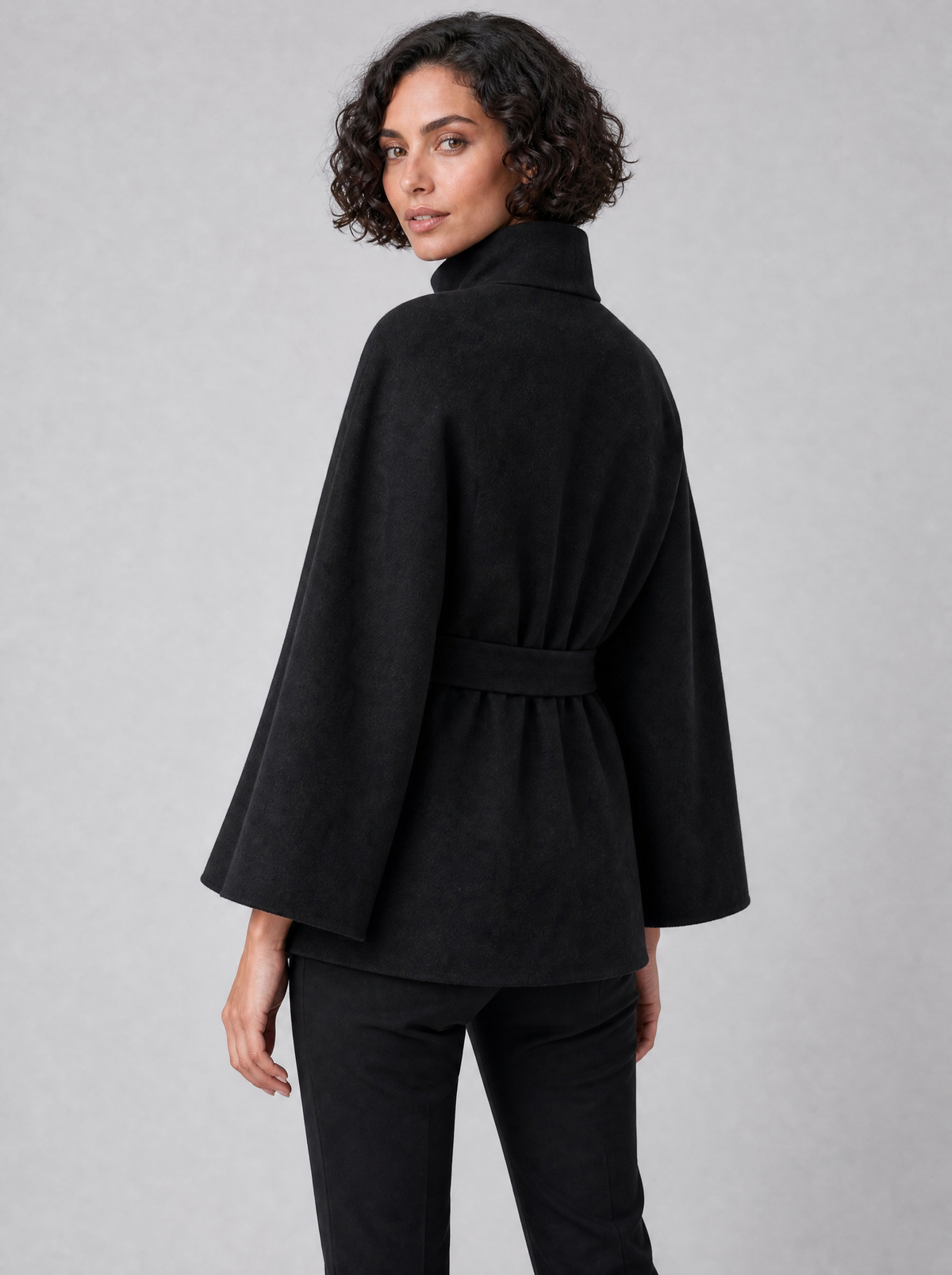 Women's Wool Blend Black Funnel Neck Belted Cape Coat Relaxed Fit