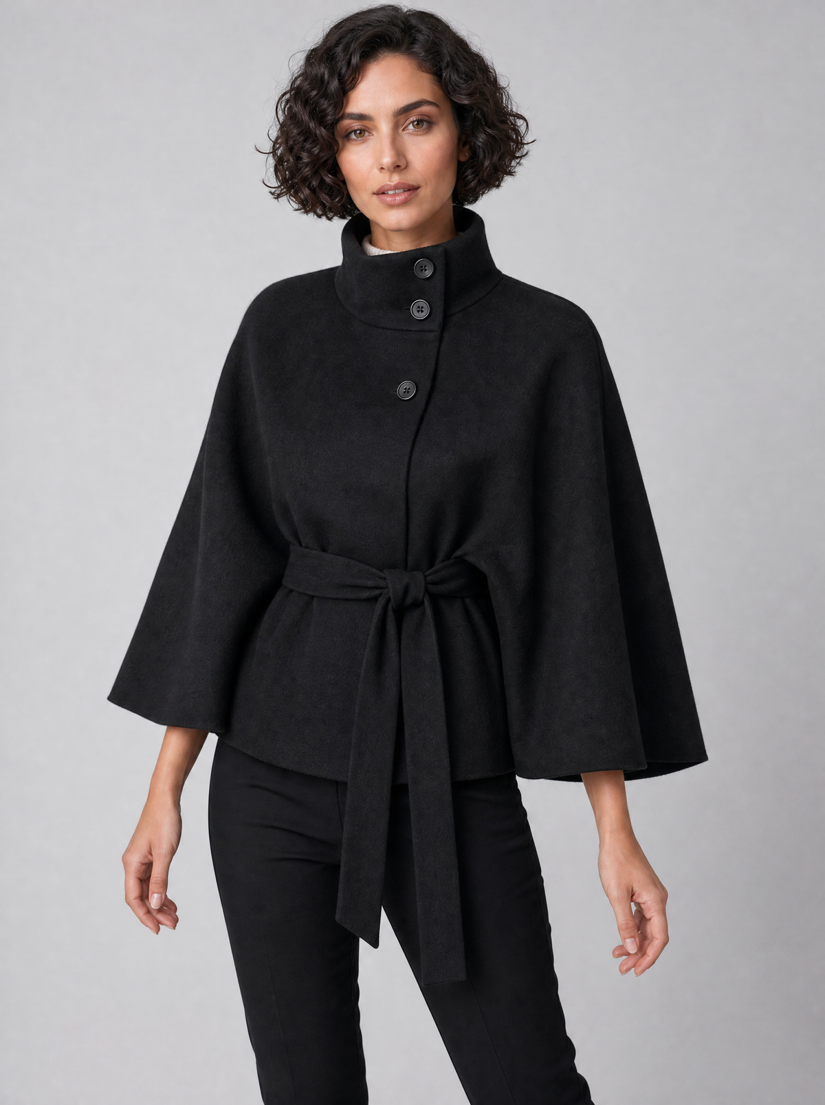 Women's Wool Blend Black Funnel Neck Belted Cape Coat Relaxed Fit