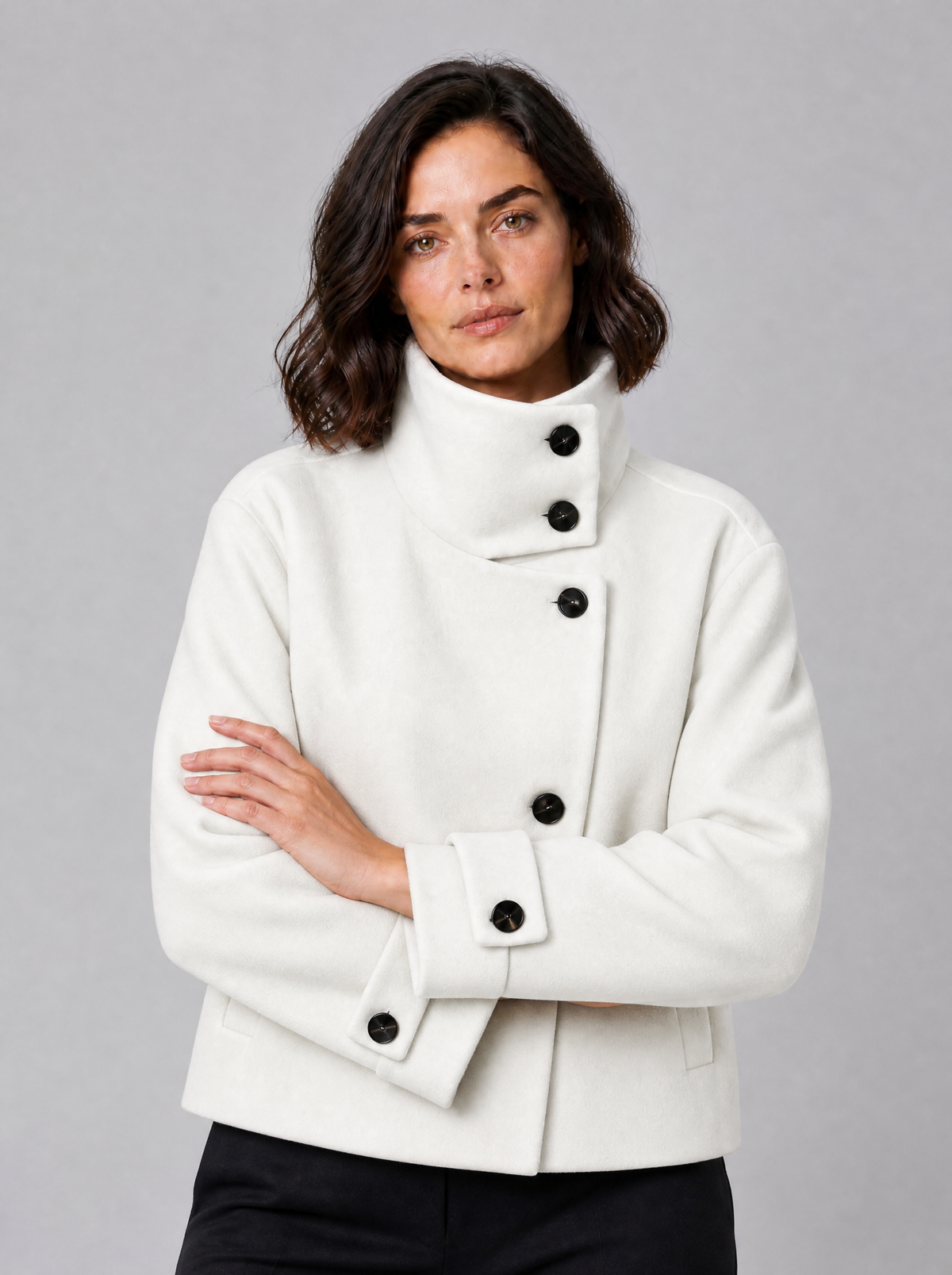 Women's Wool Blend Funnel Neck Short Jacket Relaxed Fit - Cream colour view