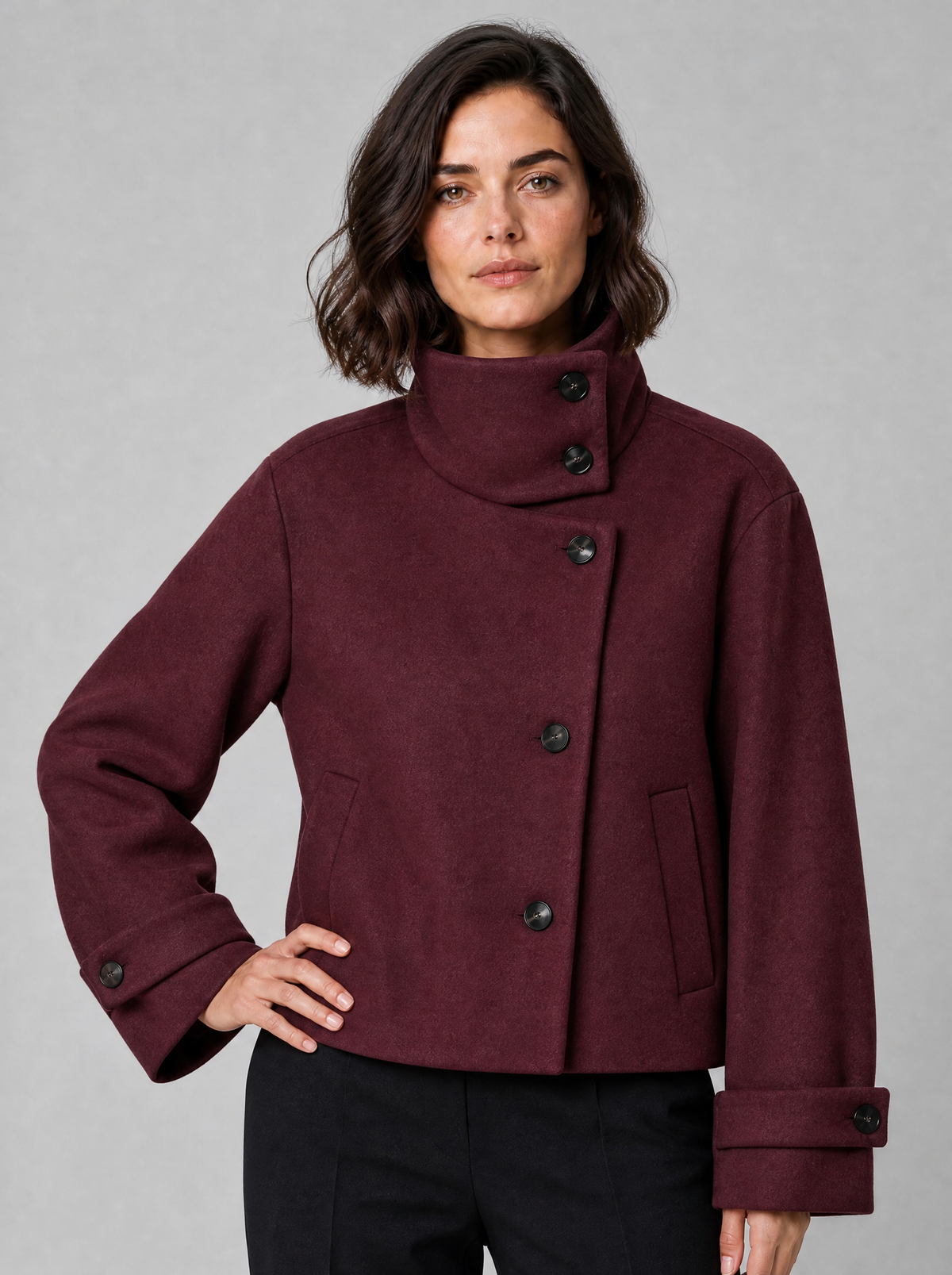 Women's Wool Blend Funnel Neck Short Jacket Relaxed Fit - Burgundy colour view