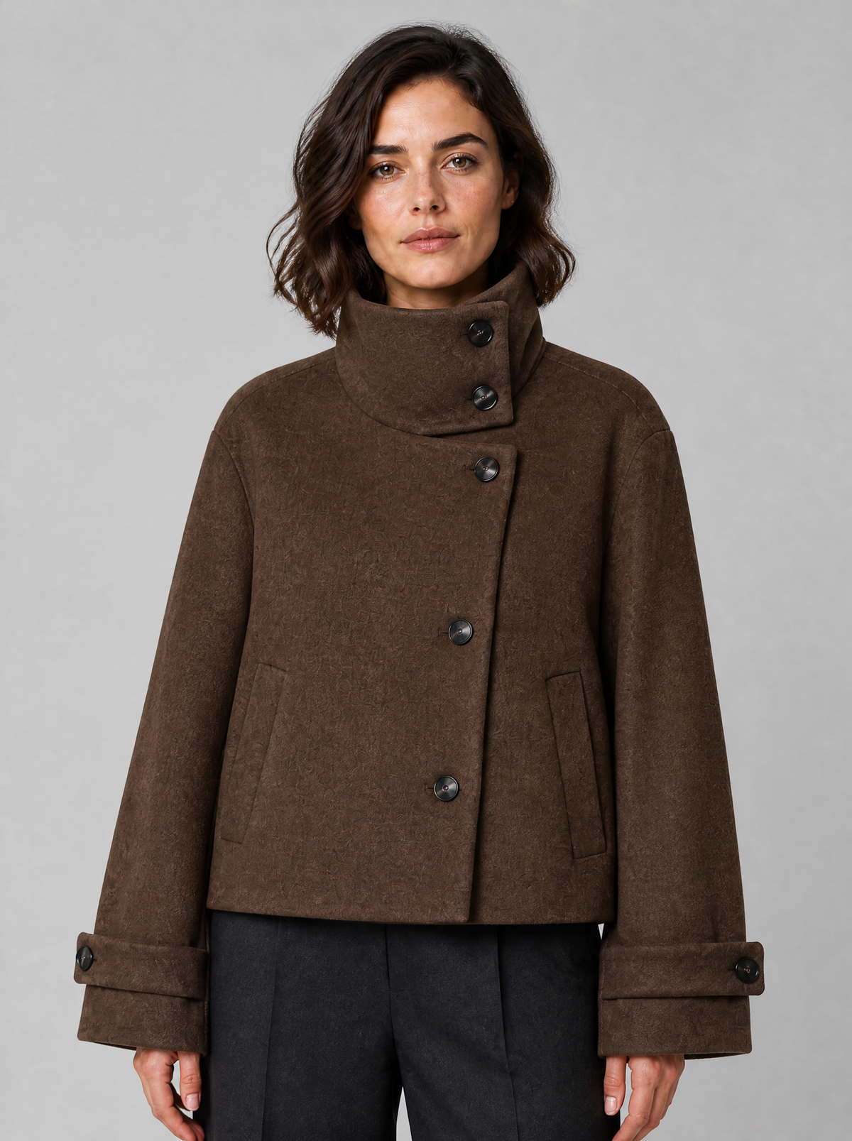Women's Wool Blend Funnel Neck Short Jacket Relaxed Fit - Brown colour view