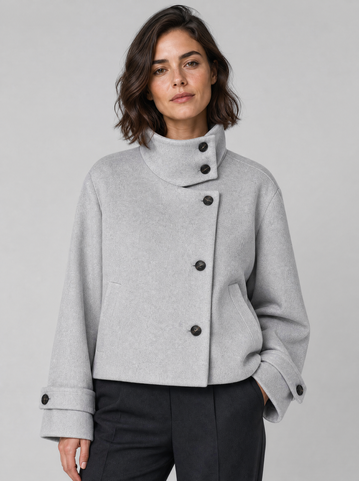 Women's Wool Blend Funnel Neck Short Jacket Relaxed Fit - Grey colour view