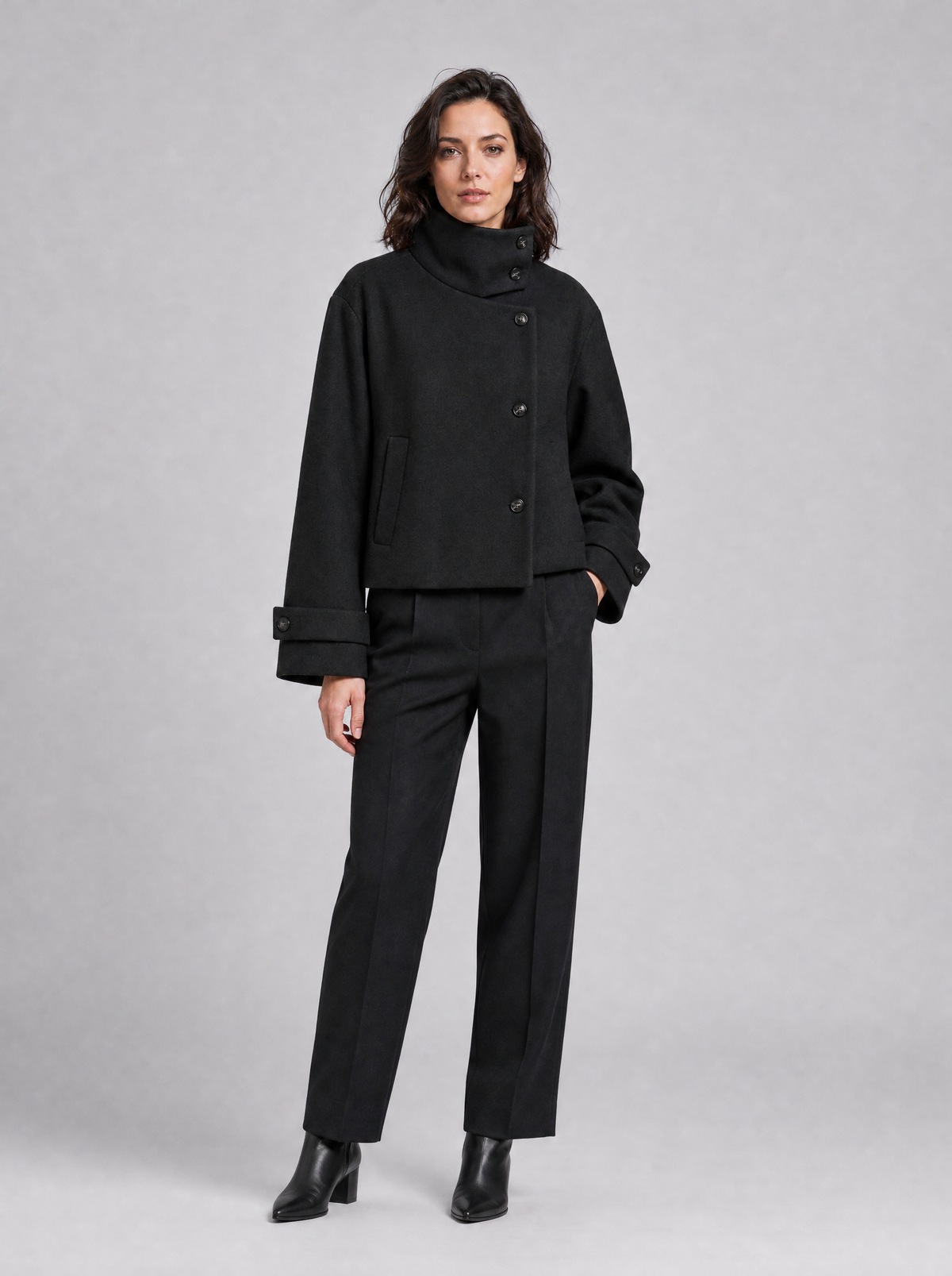 Women's Wool Blend Funnel Neck Short Jacket Relaxed Fit - product view 1