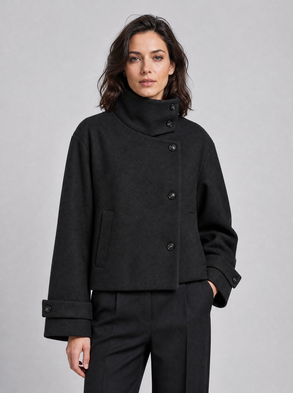 Women's Wool Blend Funnel Neck Short Jacket Relaxed Fit - Black colour view