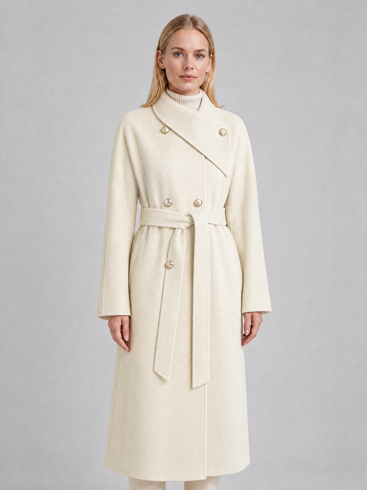 Women's Wool Blend Brown Belted High Neck Coat Tailored Fit