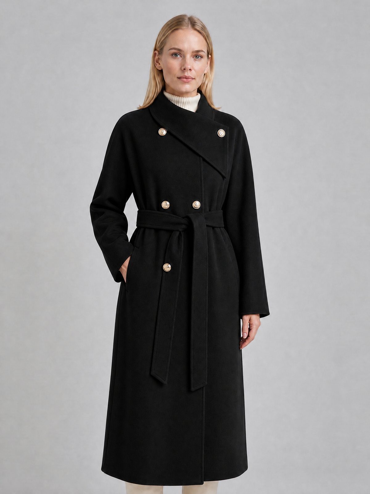 Women's Wool Blend Brown Belted High Neck Coat Tailored Fit