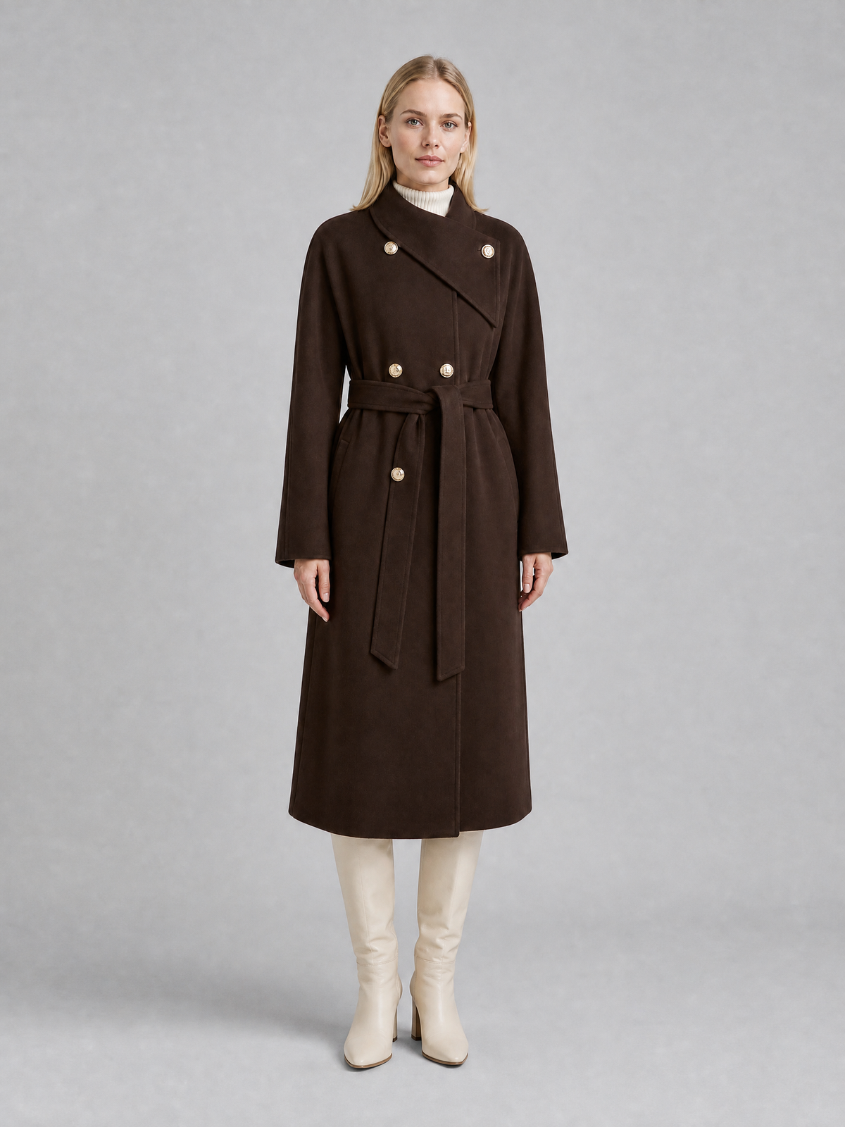 Women's Wool Blend Brown Belted High Neck Coat Tailored Fit
