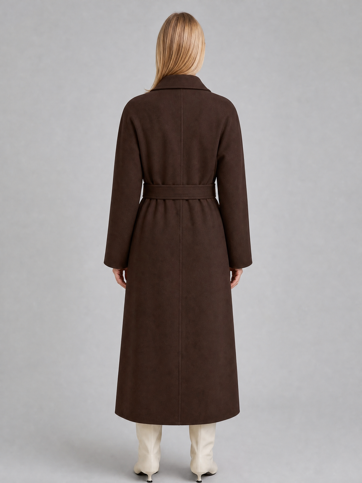 Women's Wool Blend Brown Belted High Neck Coat Tailored Fit