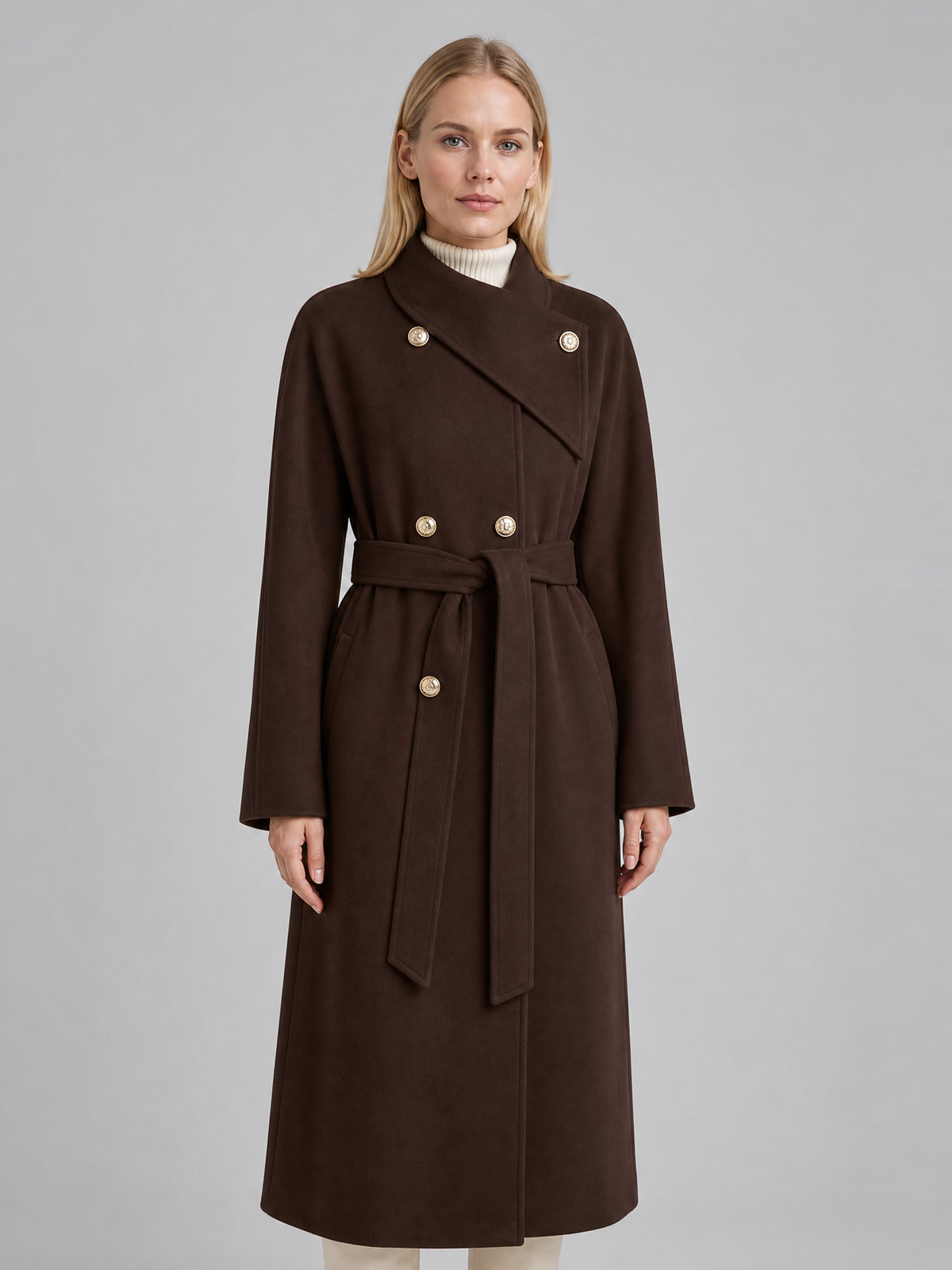 Women's Wool Blend Brown Belted High Neck Coat Tailored Fit