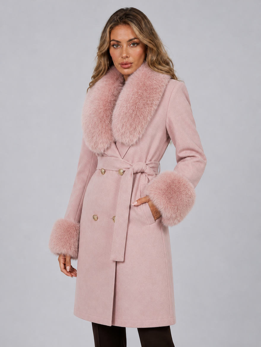 Women's Wool Blend Faux Fur Collar Double Breasted Belted Coat Tailored Fit - Pink colour view