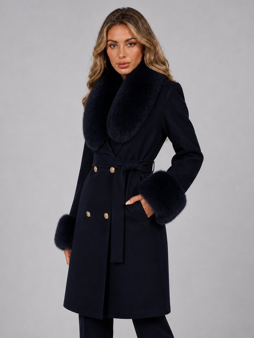 Women's Wool Blend Faux Fur Collar Double Breasted Belted Coat Tailored Fit - Black colour view