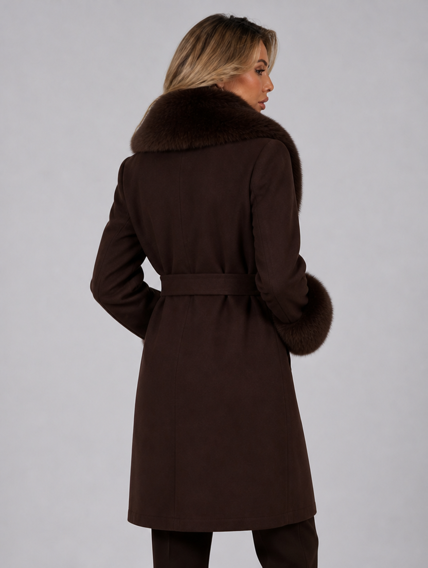 Women's Wool Blend Faux Fur Collar Double Breasted Belted Coat Tailored Fit - product view 4