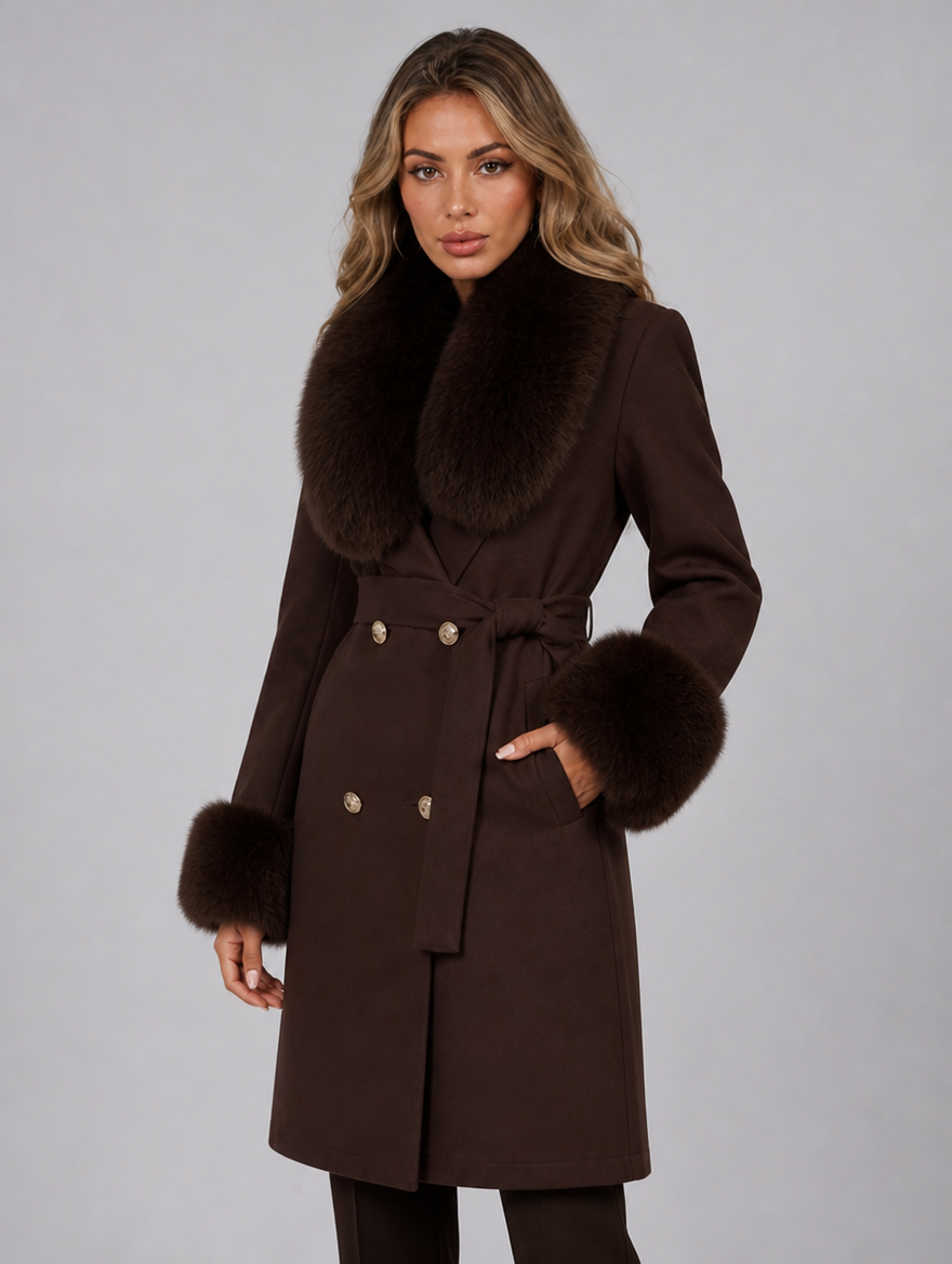 Women's Wool Blend Faux Fur Collar Double Breasted Belted Coat Tailored Fit - Brown colour view