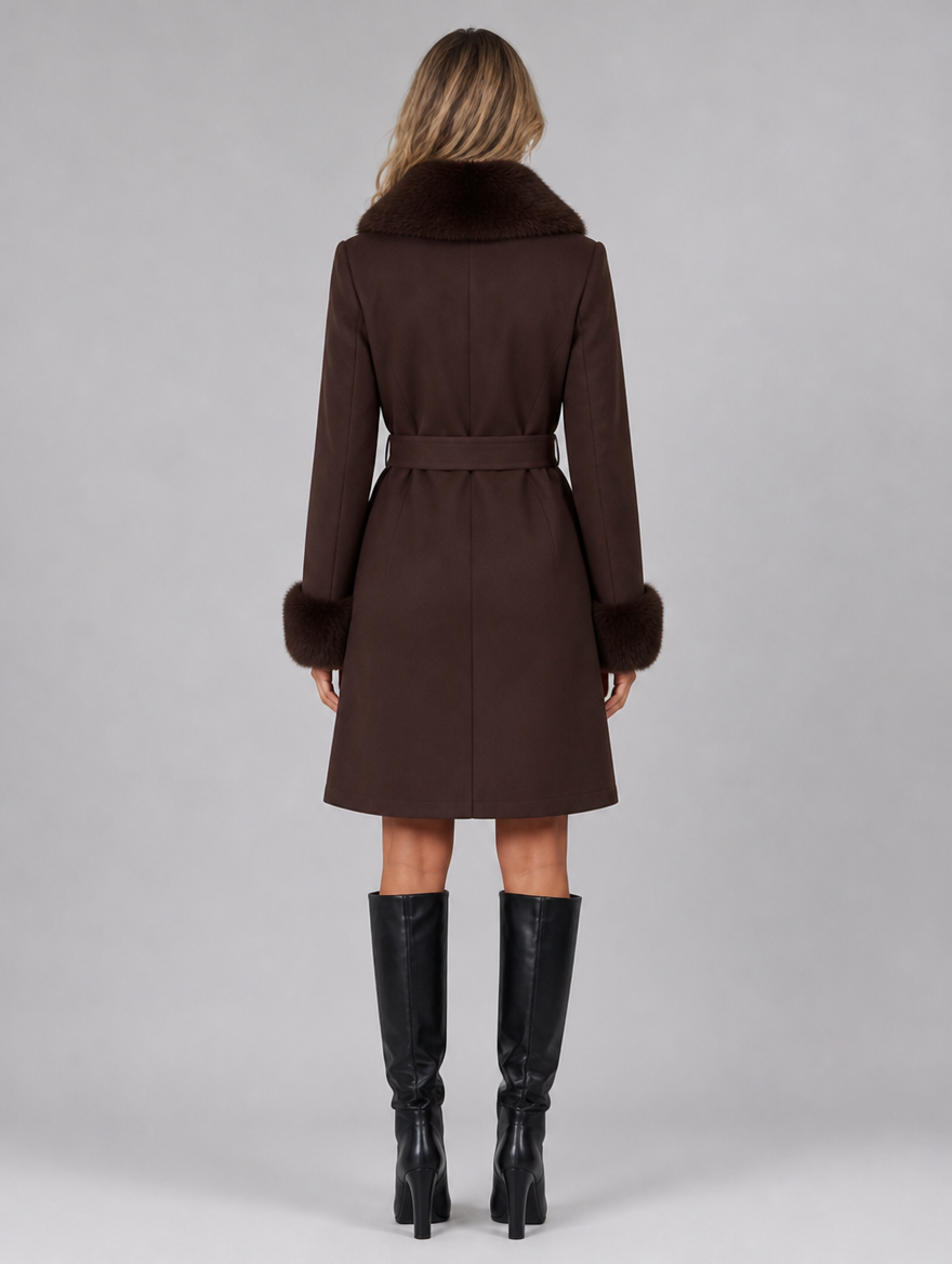 Women's Wool Blend Faux Fur Collar Double Breasted Belted Coat Tailored Fit - product view 2