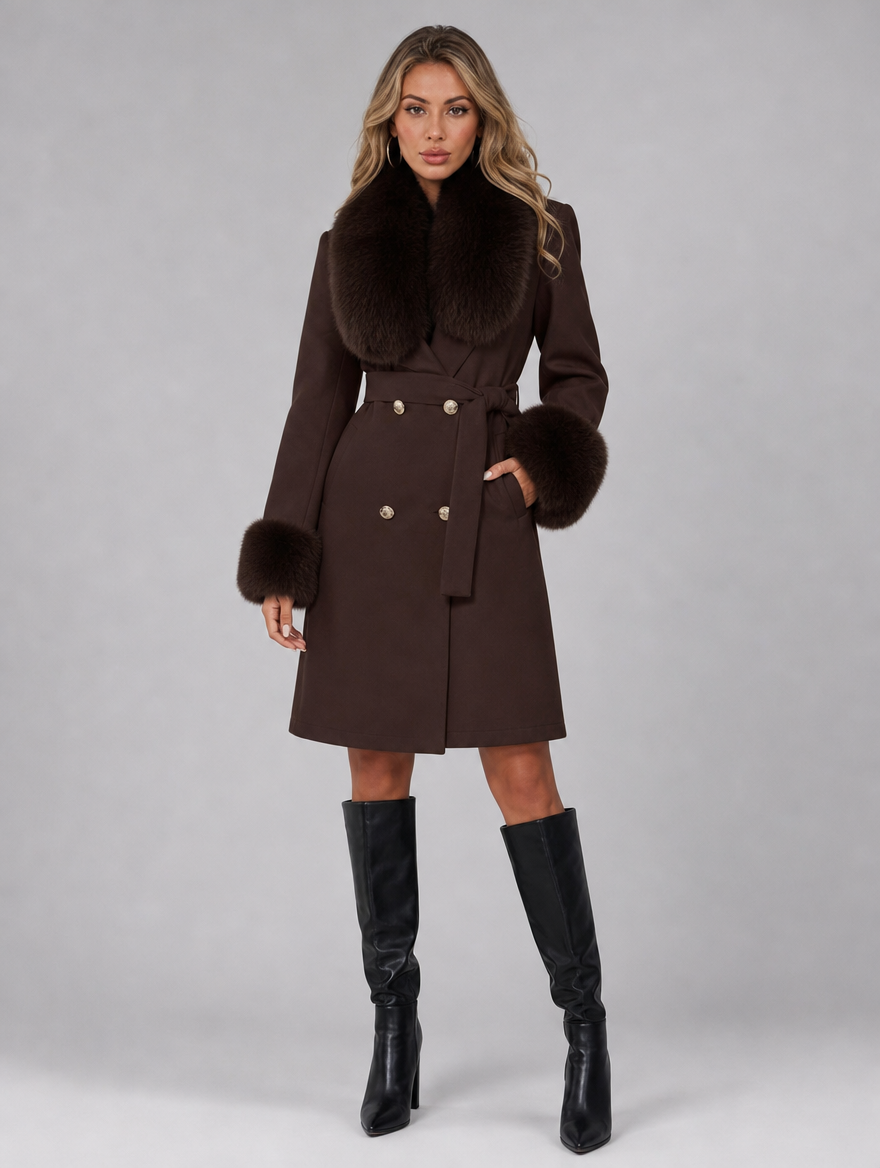 Women's Wool Blend Faux Fur Collar Double Breasted Belted Coat Tailored Fit - product view 1