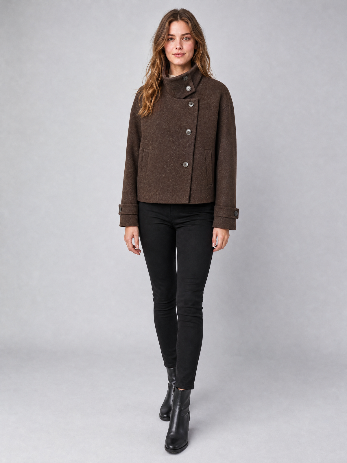 Women's Wool Blend Brown High Neck Short Coat Relaxed Fit